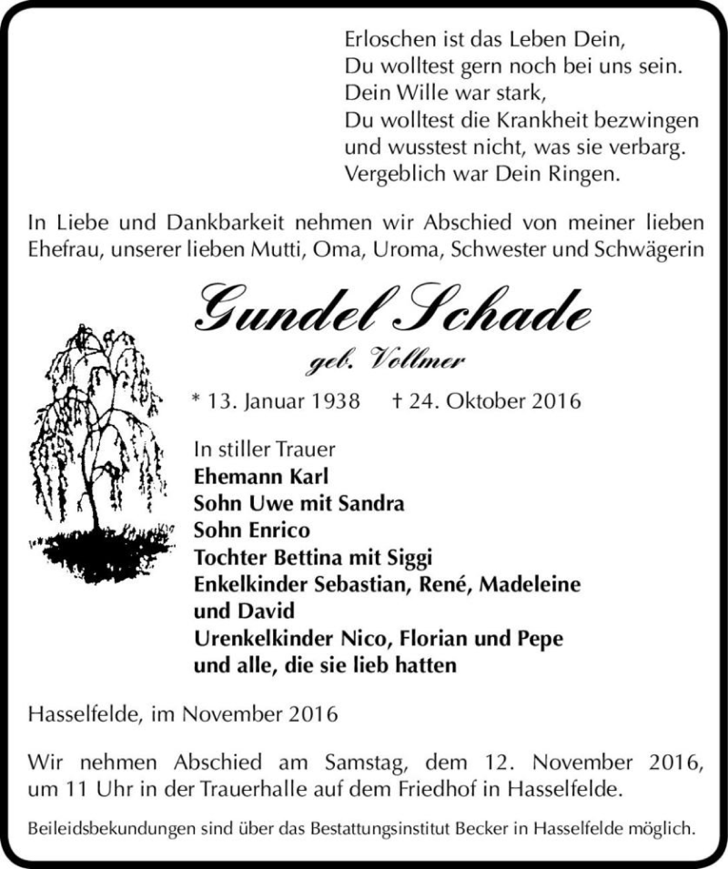  Traueranzeige für Gundel Schade (geb. Vollmer)  vom 05.11.2016 aus Magdeburger Volksstimme