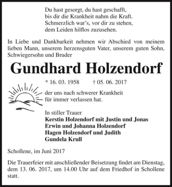 Traueranzeige von Gundhard Holzendorf  von Magdeburger Volksstimme