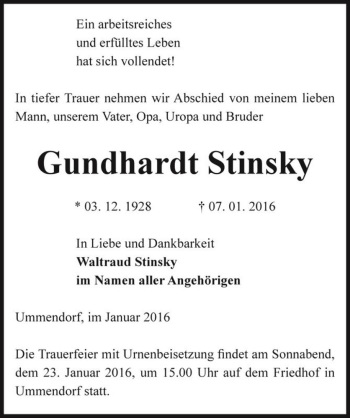 Traueranzeige von Gundhardt Stinsky  von Magdeburger Volksstimme
