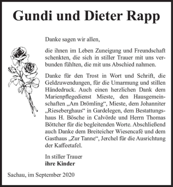 Traueranzeige von Gundi und Dieter Rapp  von Magdeburger Volksstimme