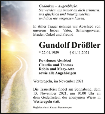 Traueranzeige von Gundolf Drößler  von Magdeburger Volksstimme