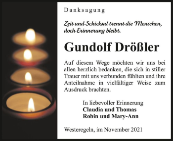 Traueranzeige von Gundolf Drößler  von Magdeburger Volksstimme