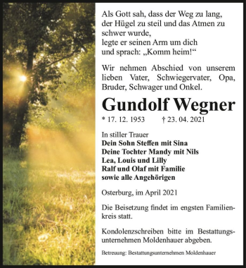 Traueranzeige von Gundolf Wegner  von Magdeburger Volksstimme