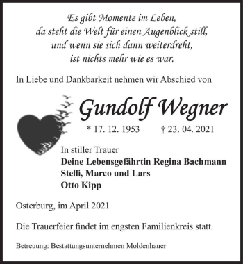 Traueranzeige von Gundolf Wegner  von Magdeburger Volksstimme