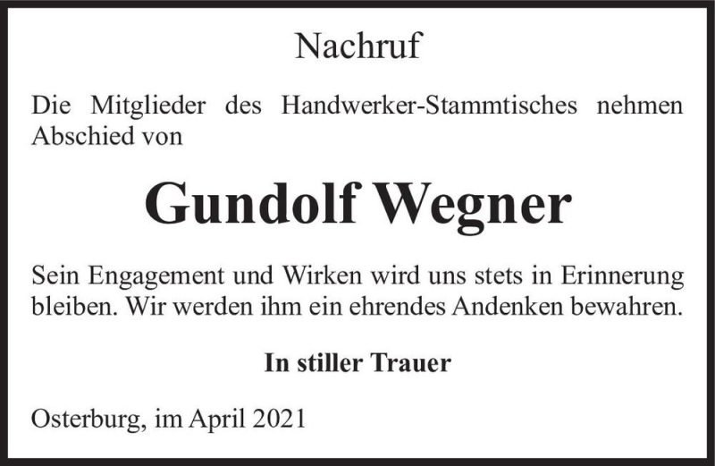  Traueranzeige für Gundolf Wegner  vom 04.05.2021 aus Magdeburger Volksstimme
