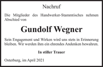 Traueranzeige von Gundolf Wegner  von Magdeburger Volksstimme