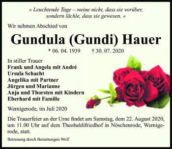 Traueranzeige von Gundula (Gundi) Hauer  von Magdeburger Volksstimme