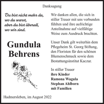 Traueranzeige von Gundula Behrens  von Magdeburger Volksstimme