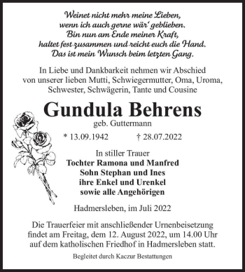 Traueranzeige von Gundula Behrens (geb. Guttermann)  von Magdeburger Volksstimme