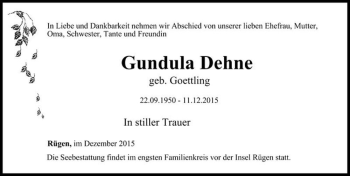 Traueranzeige von Gundula Dehne (geb. Goettling)  von Magdeburger Volksstimme