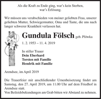Traueranzeige von Gundula Fölsch (geb. Plöwka)  von Magdeburger Volksstimme