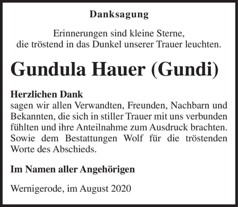  Traueranzeige für Gundula Hauer  vom 05.09.2020 aus Magdeburger Volksstimme