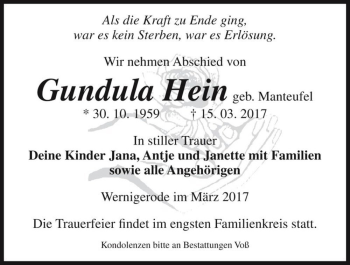 Traueranzeige von Gundula Hein (geb. Manteufel)  von Magdeburger Volksstimme