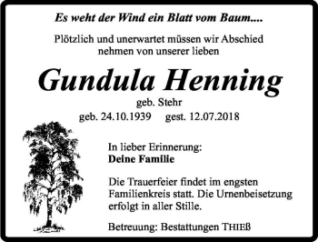 Traueranzeige von Gundula Henning (geb. Stehr)  von Magdeburger Volksstimme