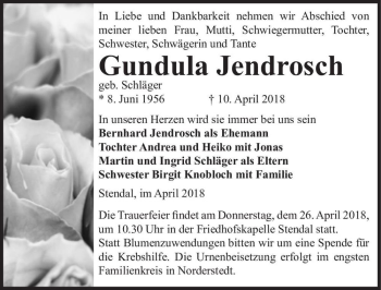 Traueranzeige von Gundula Jendrosch (geb. Schläger)  von Magdeburger Volksstimme