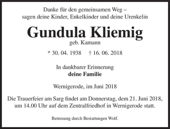 Traueranzeige von Gundula Kliemig (geb. Kamann)  von Magdeburger Volksstimme