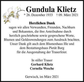 Traueranzeige von Gundula Klietz  von Magdeburger Volksstimme