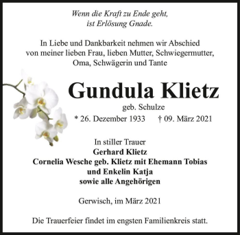 Traueranzeige von Gundula Klietz (geb. Schulze)  von Magdeburger Volksstimme