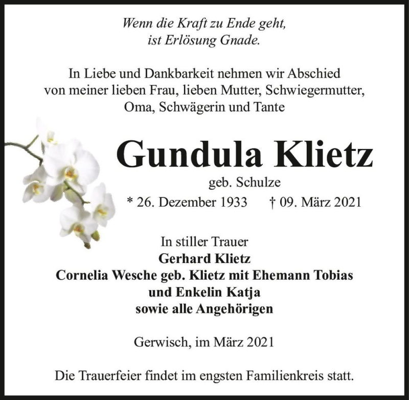  Traueranzeige für Gundula Klietz (geb. Schulze)  vom 13.03.2021 aus Magdeburger Volksstimme