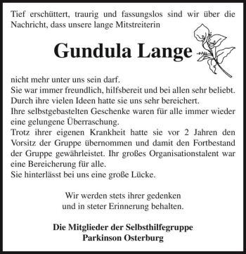 Traueranzeige von Gundula Lange  von Magdeburger Volksstimme