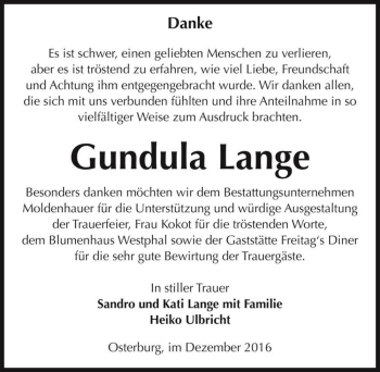Traueranzeige von Gundula Lange  von Magdeburger Volksstimme