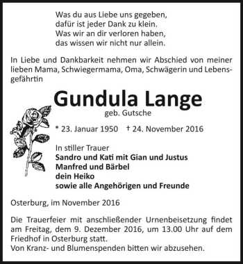 Traueranzeige von Gundula Lange (geb. Gutsche)  von Magdeburger Volksstimme