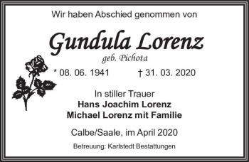Traueranzeige von Gundula Lorenz (geb. Pichota)  von Magdeburger Volksstimme