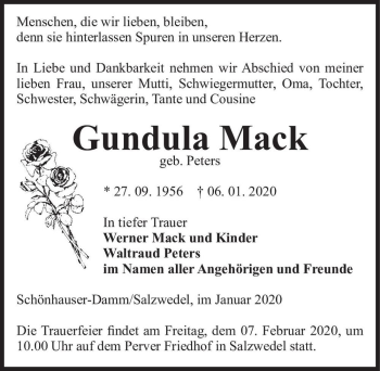 Traueranzeige von Gundula Mack (geb. Peters)  von Magdeburger Volksstimme