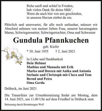 Traueranzeige von Gundula Pfannkuchen (geb. Kiefer)  von Magdeburger Volksstimme