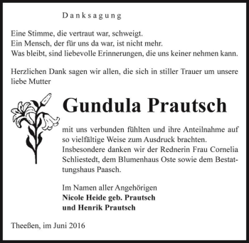 Traueranzeige von Gundula Prautsch  von Magdeburger Volksstimme
