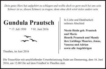 Traueranzeige von Gundula Prautsch  von Magdeburger Volksstimme