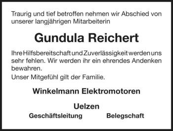 Traueranzeige von Gundula Reichert  von Magdeburger Volksstimme