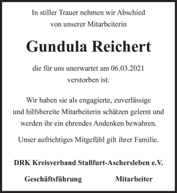 Traueranzeige von Gundula Reichert  von Magdeburger Volksstimme