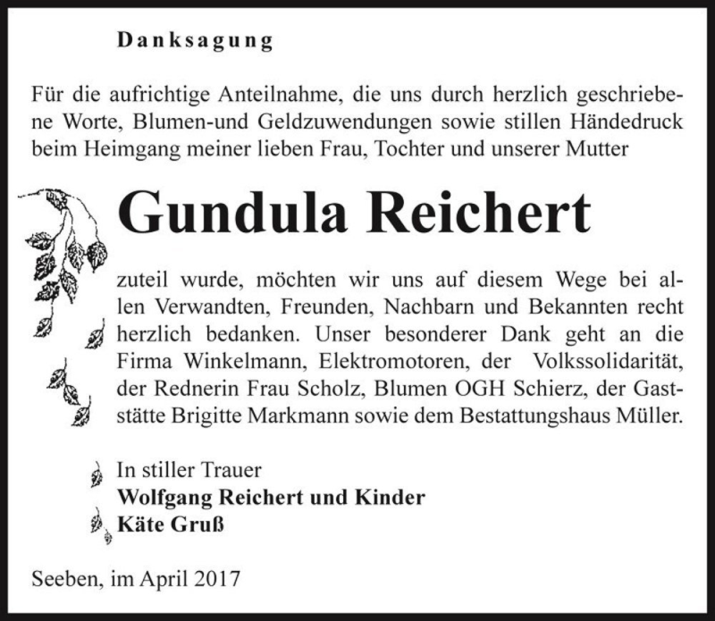  Traueranzeige für Gundula Reichert  vom 19.04.2017 aus Magdeburger Volksstimme