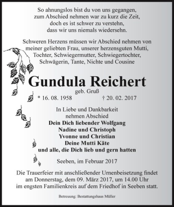Traueranzeige von Gundula Reichert (geb. Gruß)  von Magdeburger Volksstimme