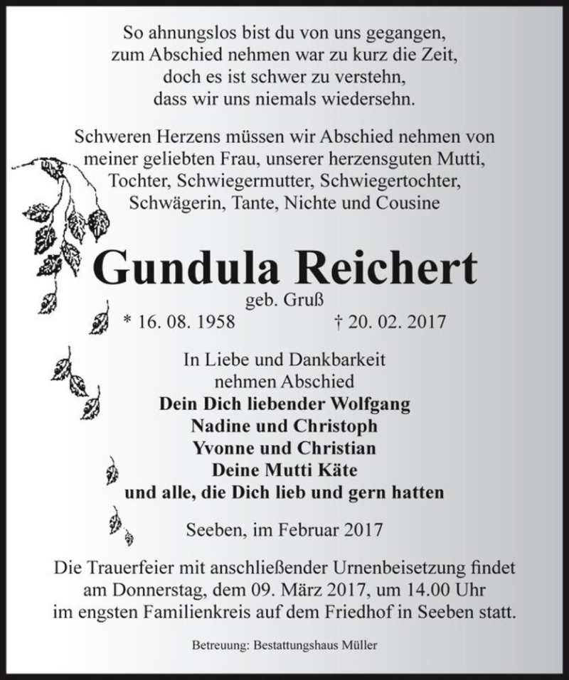  Traueranzeige für Gundula Reichert (geb. Gruß)  vom 24.02.2017 aus Magdeburger Volksstimme