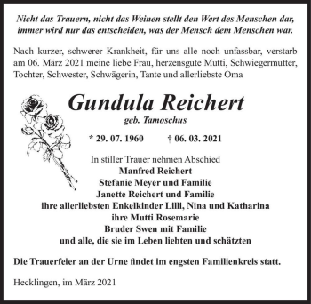Traueranzeige von Gundula Reichert (geb. Tamoschus)  von Magdeburger Volksstimme
