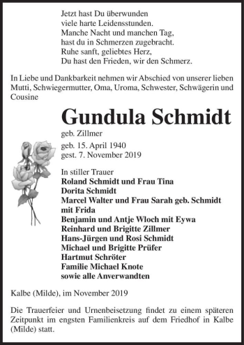 Traueranzeige von Gundula Schmidt (geb. Zillmer)  von Magdeburger Volksstimme