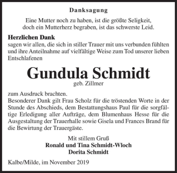 Traueranzeige von Gundula Schmidt (geb. Zillmer)  von Magdeburger Volksstimme