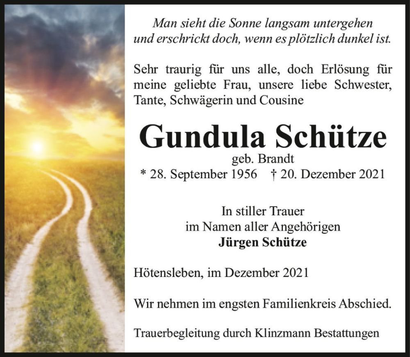  Traueranzeige für Gundula Schütze (geb. Brandt)  vom 24.12.2021 aus Magdeburger Volksstimme