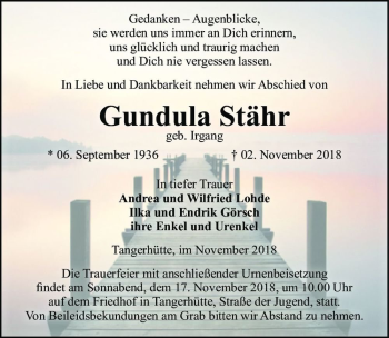 Traueranzeige von Gundula Stähr (geb. Irgang)  von Magdeburger Volksstimme