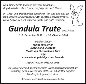 Traueranzeige von Gundula Trute (geb. Fricke)  von Magdeburger Volksstimme