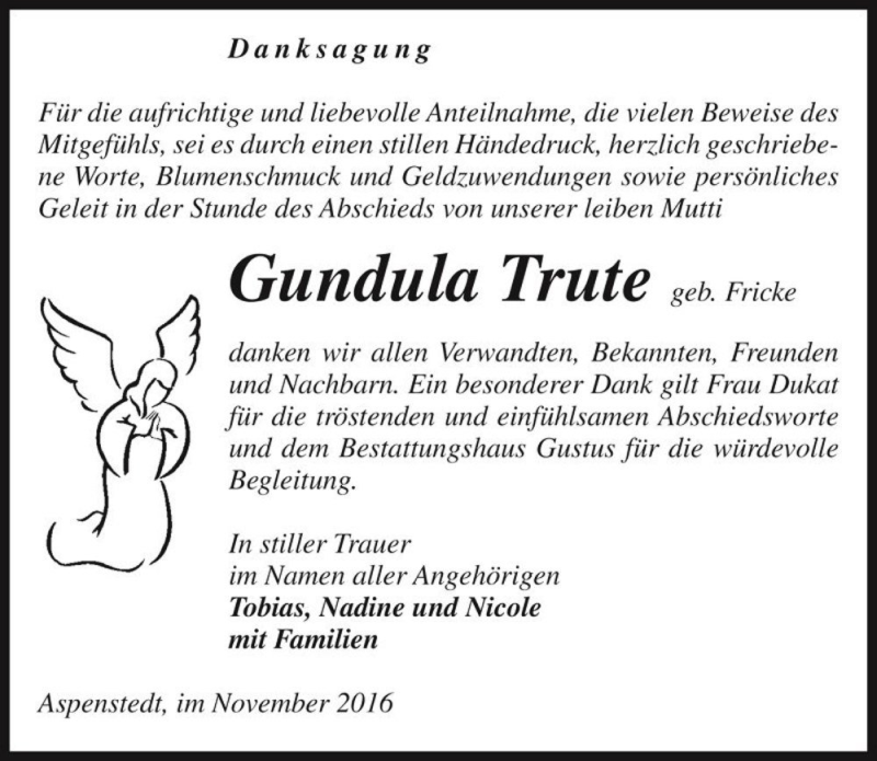  Traueranzeige für Gundula Trute (geb. Fricke)  vom 19.11.2016 aus Magdeburger Volksstimme