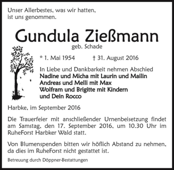 Traueranzeige von Gundula Zießmann (geb. Schade)  von Magdeburger Volksstimme