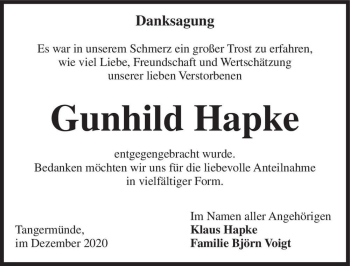 Traueranzeige von Gunhild Hapke  von Magdeburger Volksstimme