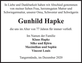 Traueranzeige von Gunhild Hapke  von Magdeburger Volksstimme