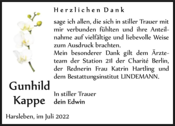 Traueranzeige von Gunhild Kappe  von Magdeburger Volksstimme