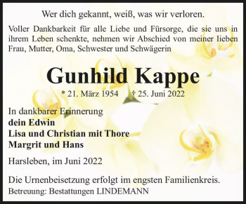 Traueranzeige von Gunhild Kappe  von Magdeburger Volksstimme