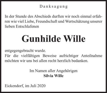 Traueranzeige von Gunhilde Wille  von Magdeburger Volksstimme