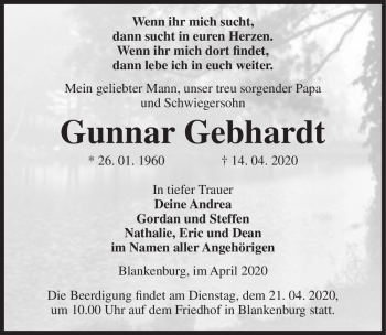 Traueranzeige von Gunnar Gebhardt  von Magdeburger Volksstimme